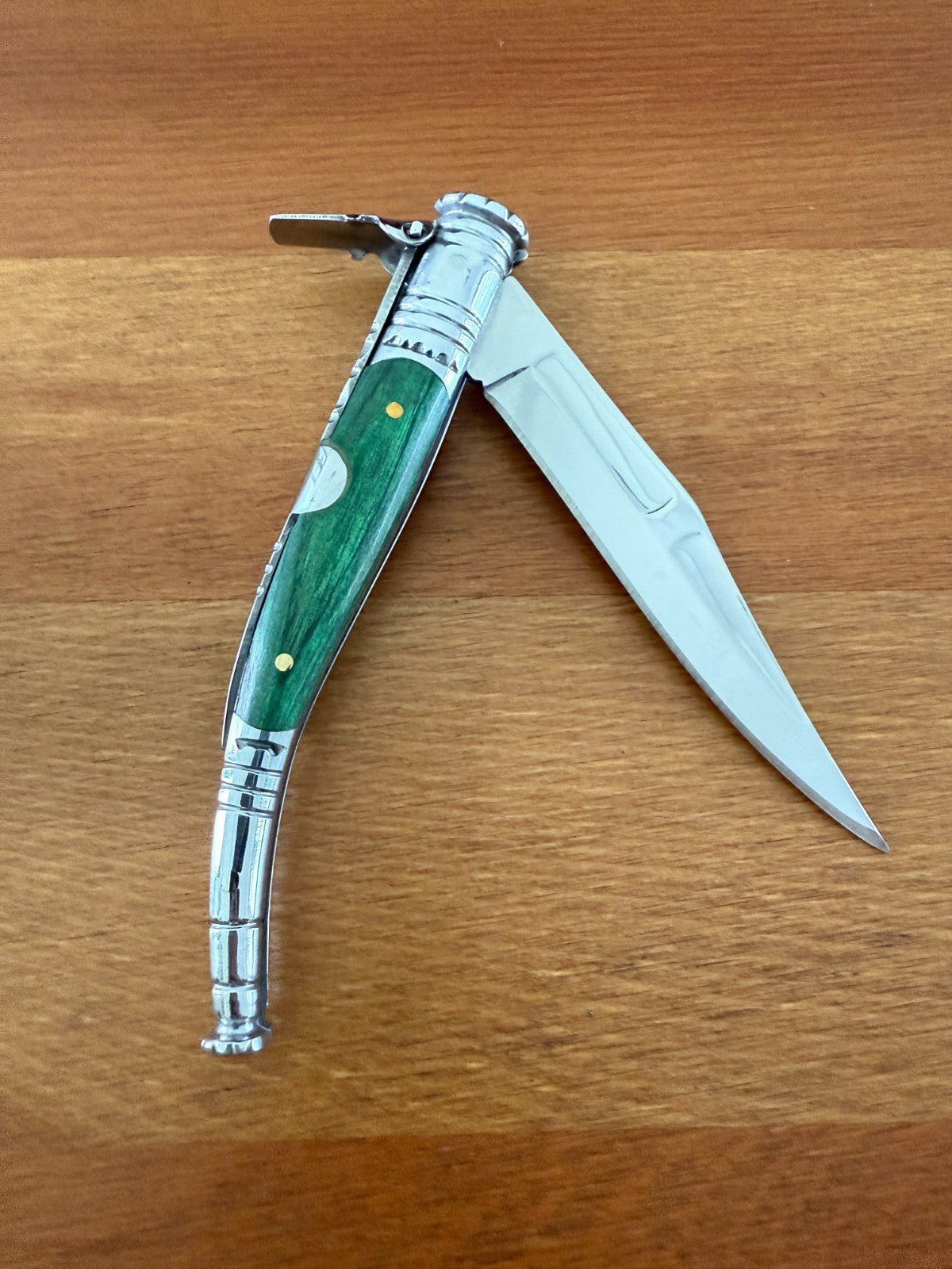 3.34” Spanish Navaja Serrana Ratchet Folding Knife Green Wood Scales From Spain