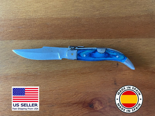 2.5" Spanish Navaja Teja Albacete Pocket Knife Blue Wood Handmade - USA Seller