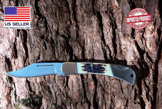 2.3” Spanish Navaja Pocket Knife deer antler imitation lock back - US Seller