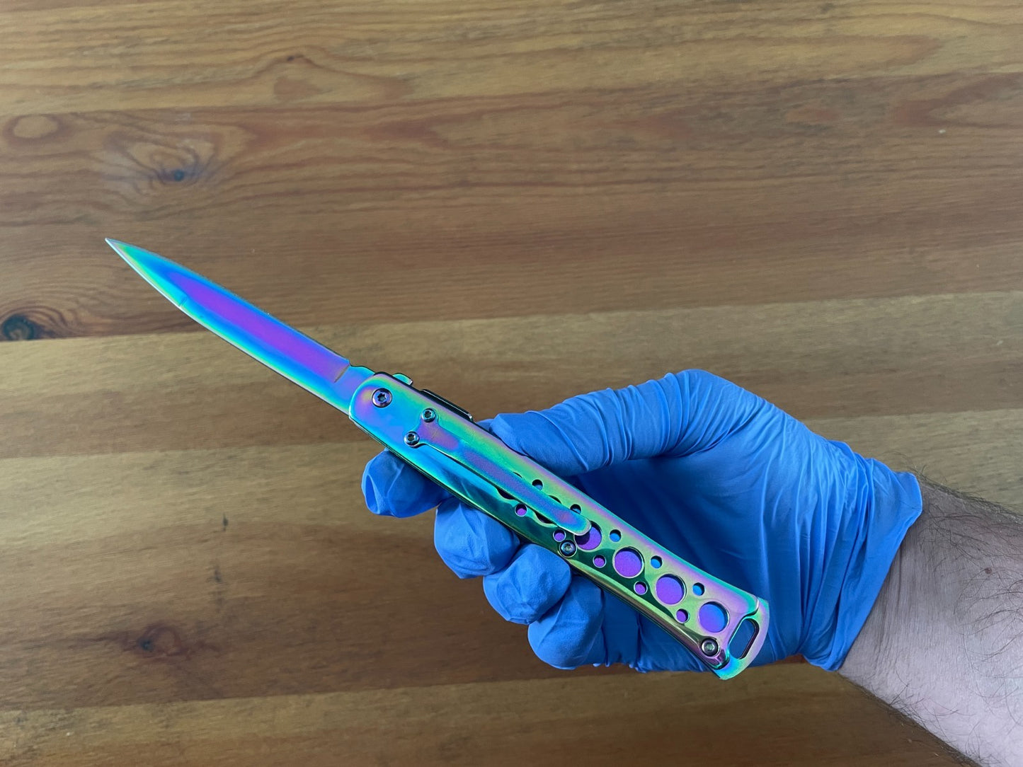 420 Steel Stiletto Folding Knife Aluminum Handle Plated Shiny Rainbow Titanium