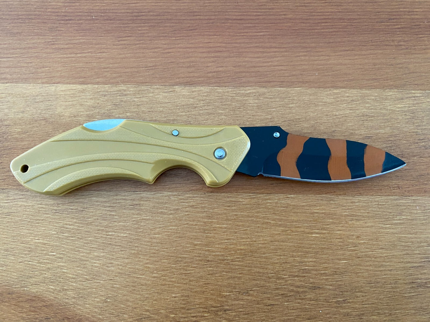 3" Stainless Blade Tactical Knife Black / Orange Blade Beige Plastic Handle