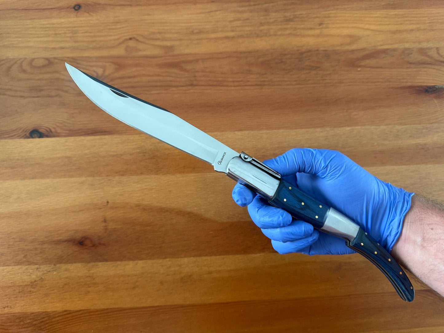 6.5" Long Blade Arabian Style Ratchet Navaja Folding Knife Blue Wood Scales