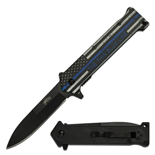 3.5" The Thin Blue Line Spring Assisted Pocket Knife Oxidized Stainless Steel