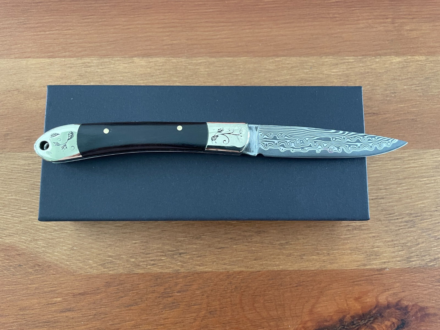 2.8” 67 Layers Damascus Navaja Pocket Knife with Ebony Scales Presentation Box