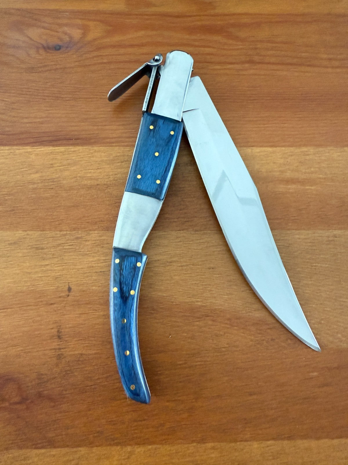 6.5" Long Blade Arabian Style Ratchet Navaja Folding Knife Blue Wood Scales