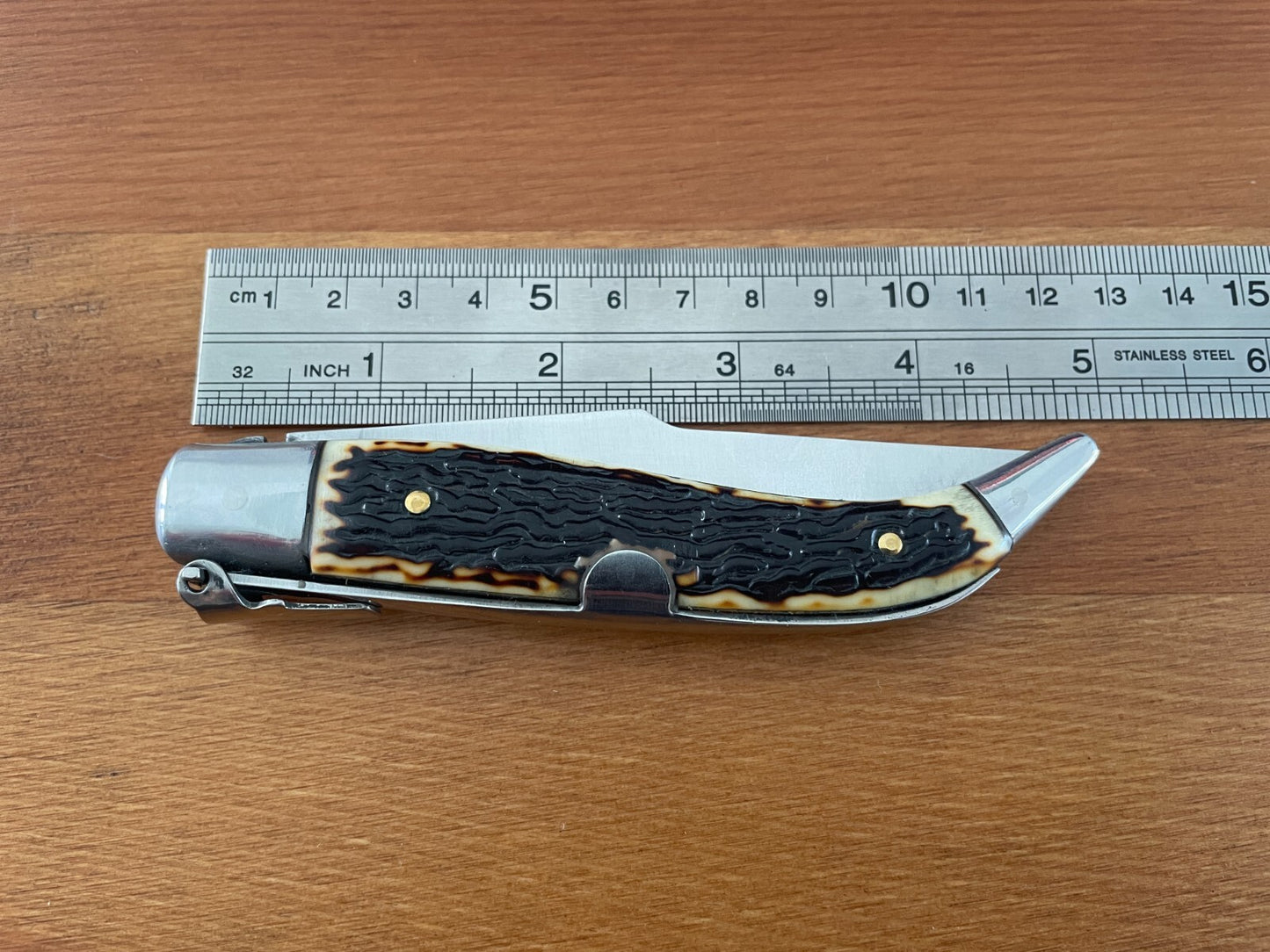 3.7" Carbon Steel Spanish Navaja Teja Deer Antler Imitation Scales Billet Lock
