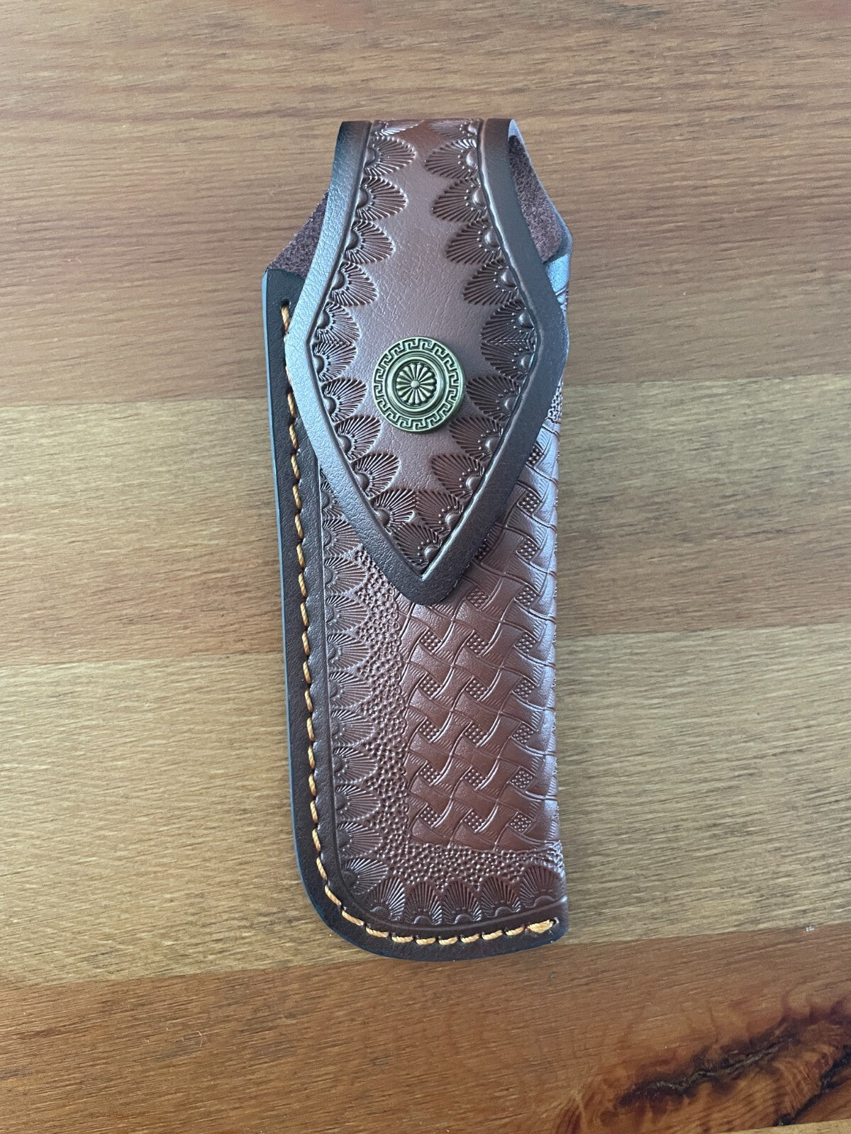 5.9 in. Brown Leather Pocket Knife Sheath Pouch with Belt Holder Hand Made Spain