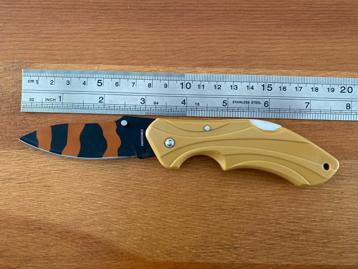 3" Stainless Blade Tactical Knife Black / Orange Blade Beige Plastic Handle