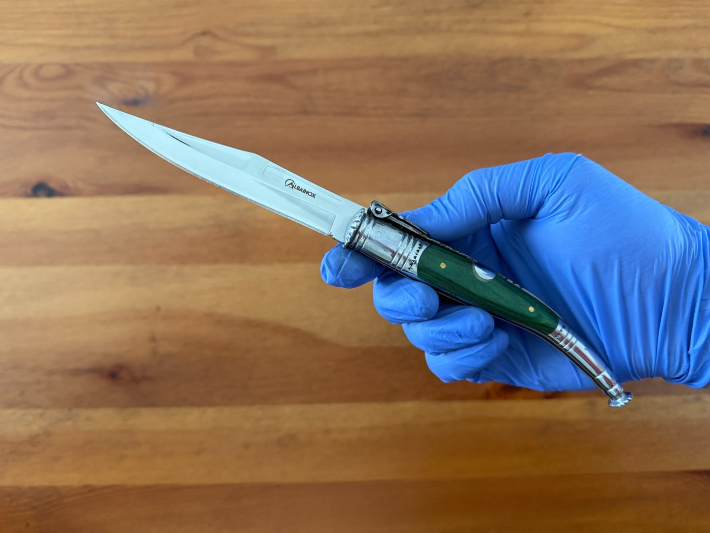 4.13” Spanish Navaja Serrana Ratchet Folding Knife Green Stamina Wood Scales