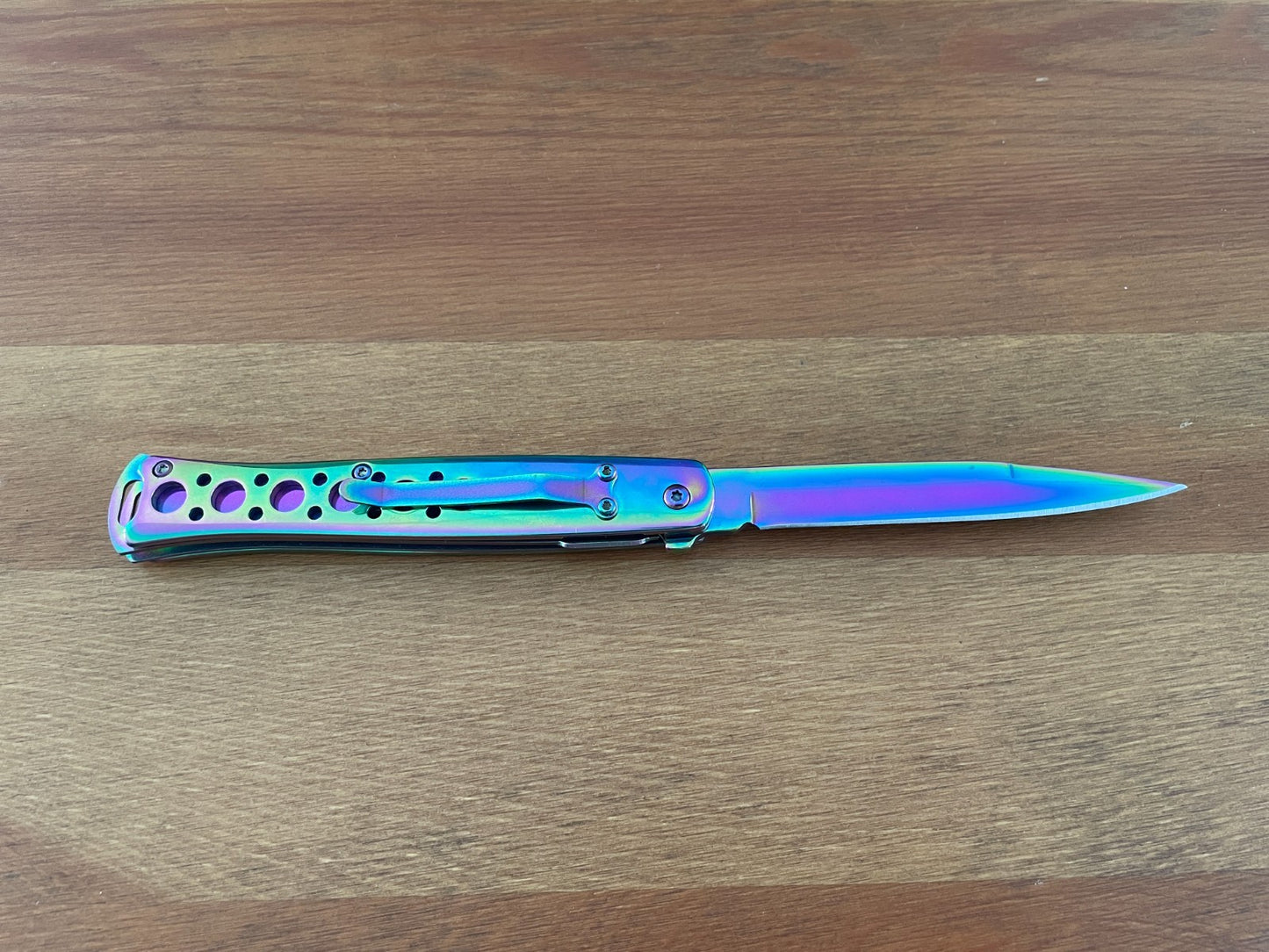 420 Steel Stiletto Folding Knife Aluminum Handle Plated Shiny Rainbow Titanium