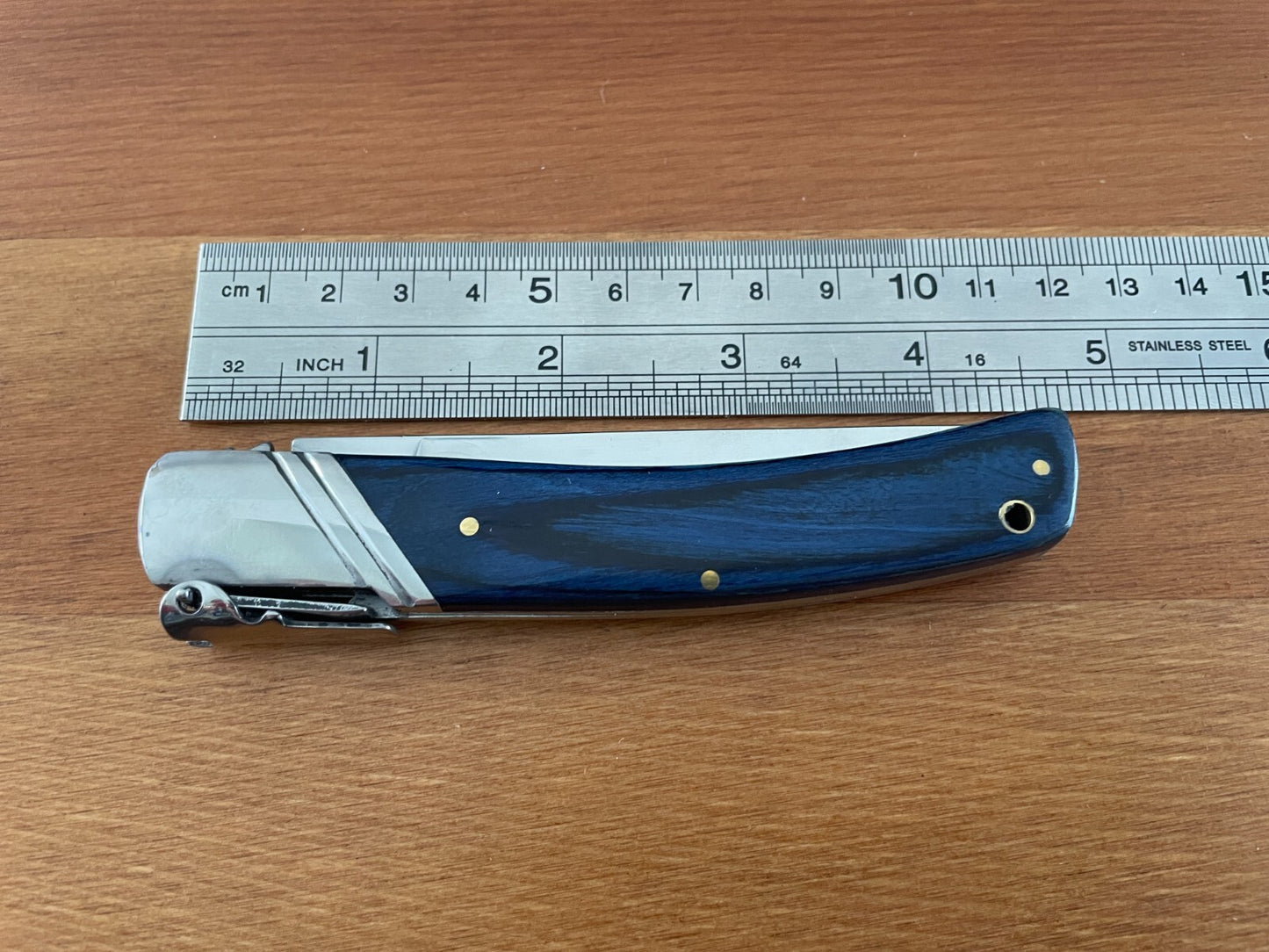 3.54" Spanish Navaja Pocket Knife Blue Wood Scales With Ratchet & Billet Lock