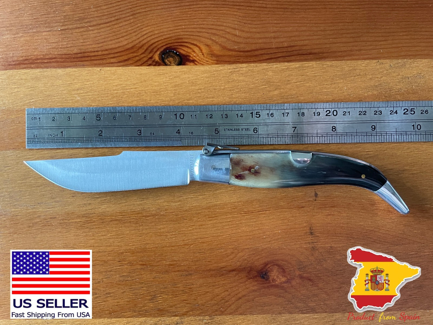 4.3" Spanish Navaja Pocket Knife Bull Horn Scales From Albacete - USA Seller