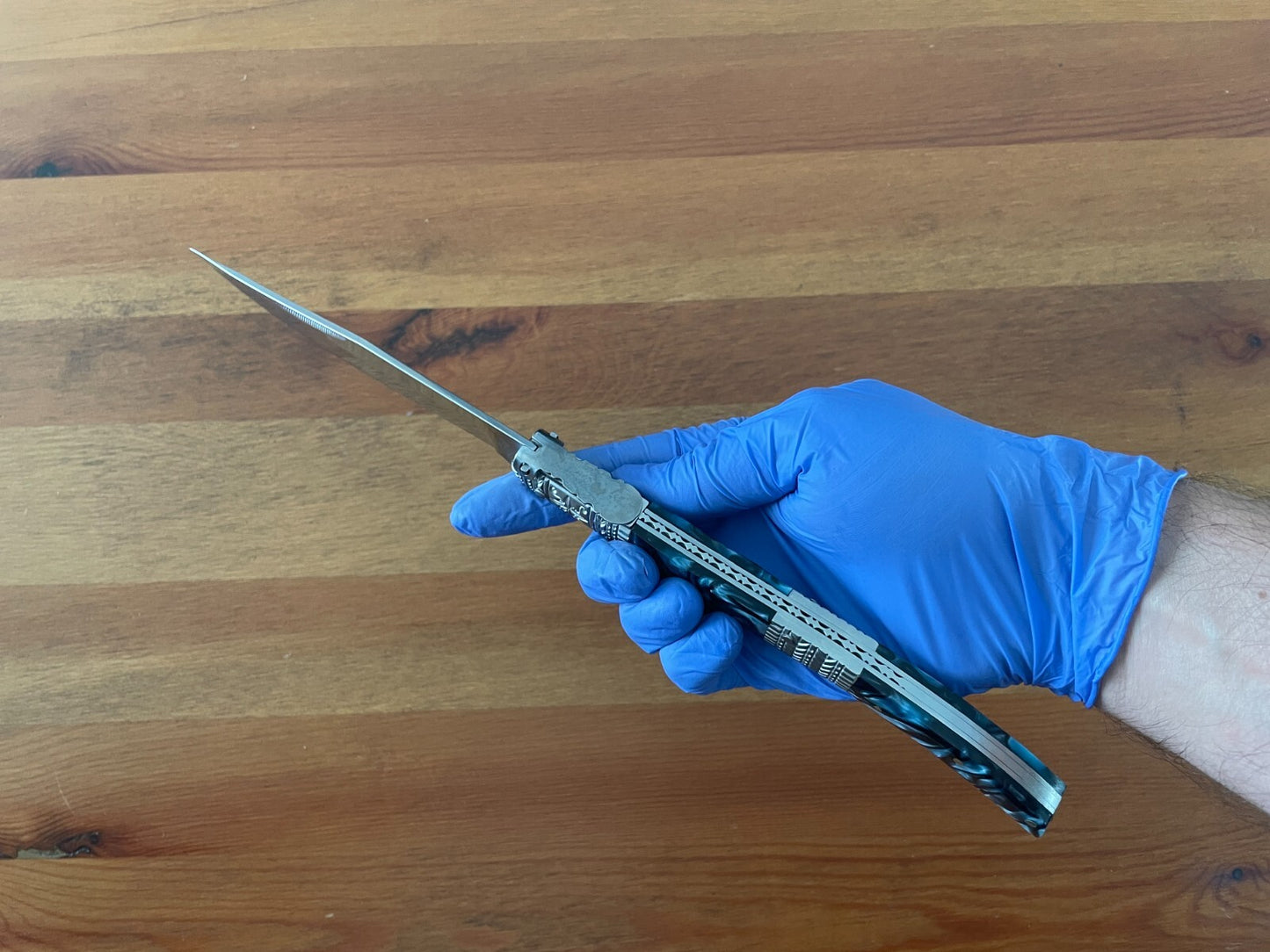 5.9" Arabian Style Navaja with Ratchet Pocket Knife Blue Acrylic & Steel Handle