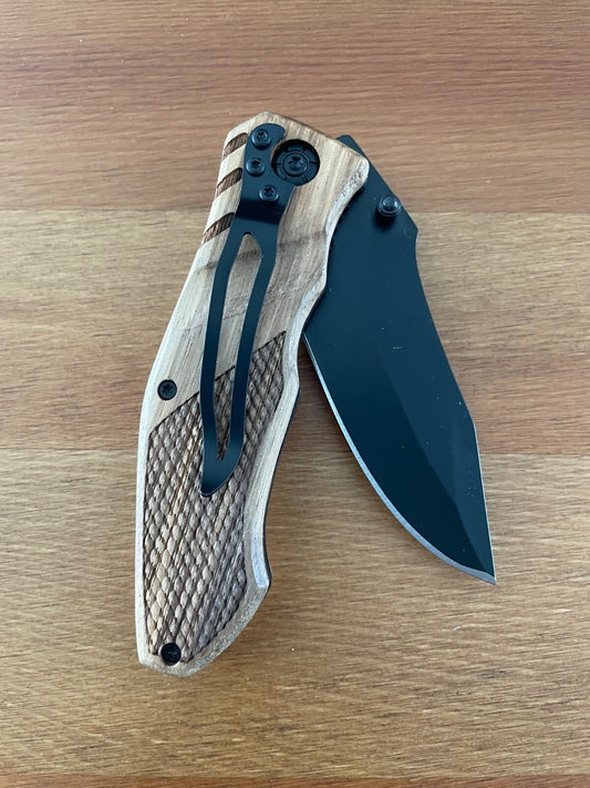 3.14" Black Stainless Steel Blade Tactical Knife Wooden Scales Pocket Clip