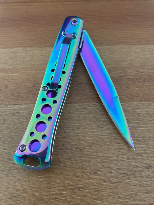 420 Steel Stiletto Folding Knife Aluminum Handle Plated Shiny Rainbow Titanium