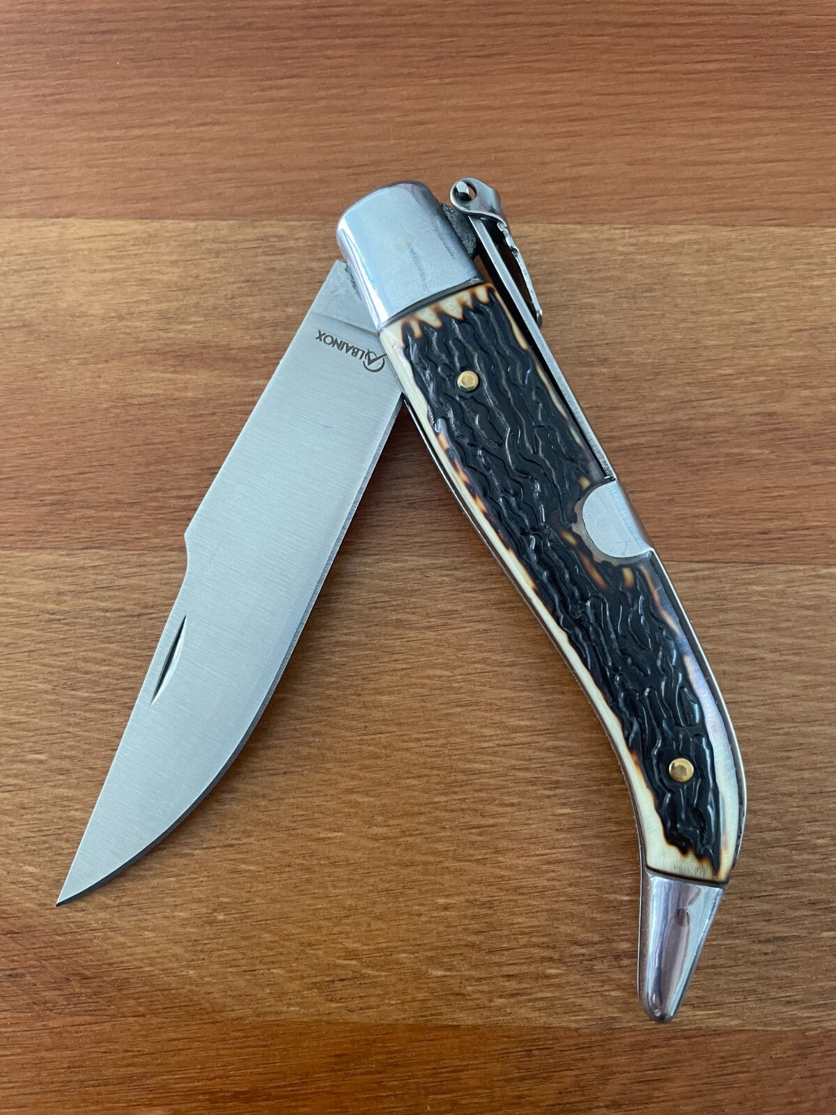 3.7" Carbon Steel Spanish Navaja Teja Deer Antler Imitation Scales Billet Lock