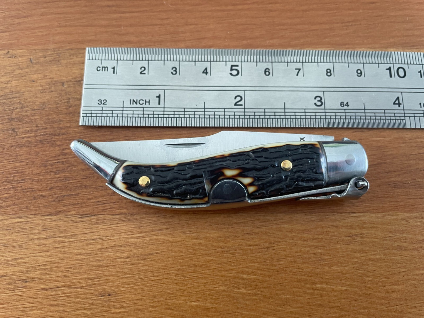 2.6" Carbon Steel Spanish Navaja Teja Deer Antler Imitation Scales Billet Lock