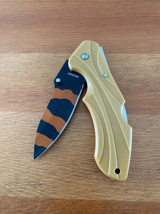 3" Stainless Blade Tactical Knife Black / Orange Blade Beige Plastic Handle