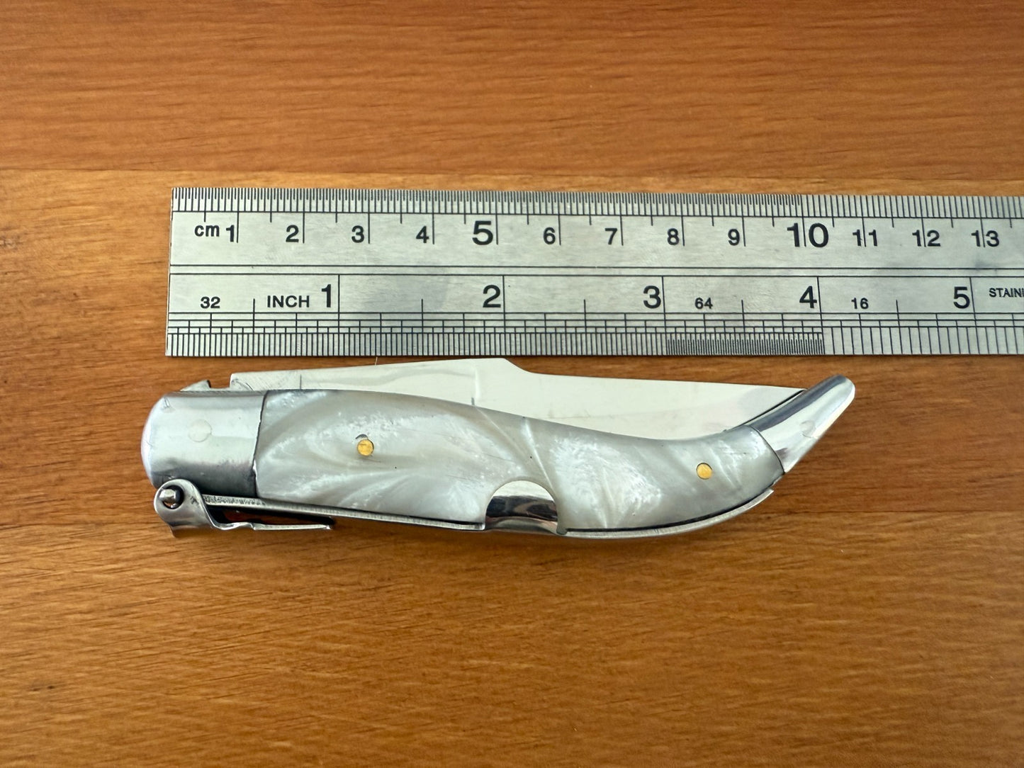 3.3" Steel Blade Spanish Navaja Teja Albacete Mother of Pearl Imitation Scales