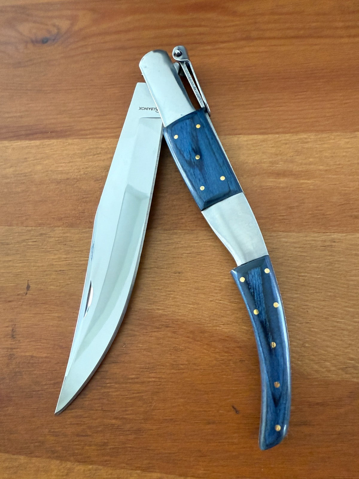 6.5" Long Blade Arabian Style Ratchet Navaja Folding Knife Blue Wood Scales