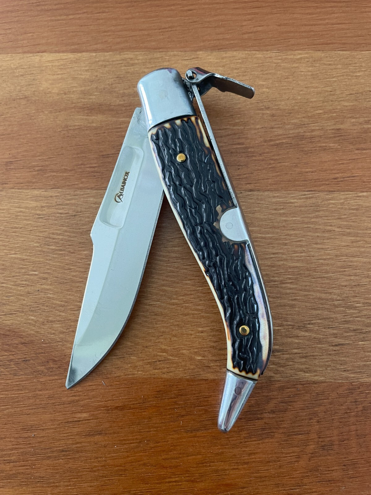 3.7" Spanish Navaja Teja Deer Antler Imitation Scales Billet Lock No Ratchet