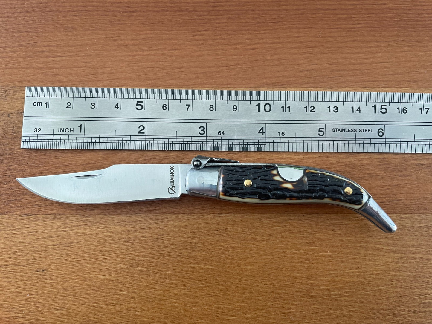 2.6" Carbon Steel Spanish Navaja Teja Deer Antler Imitation Scales Billet Lock