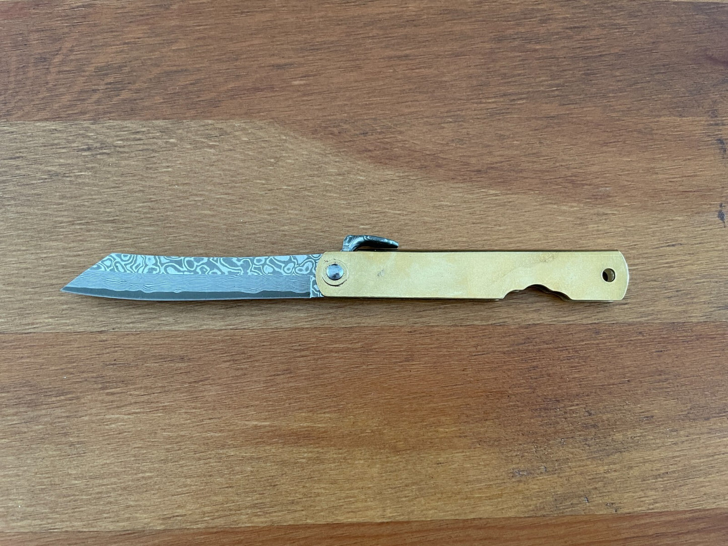 2.8" Navaja Higonokami Pocket Knife Tanto 79-layer Damascus Brass Handle Sheath