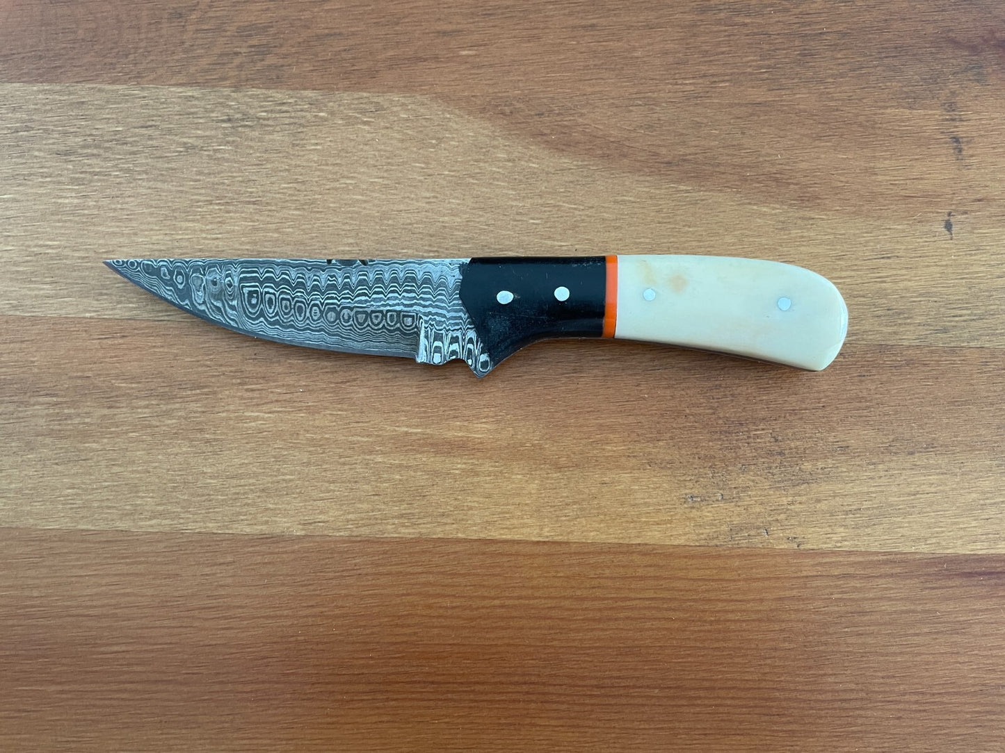 4 in. Damascus Handmade Skinner Knife Camel bone and Bullhorn / Leather Sheath