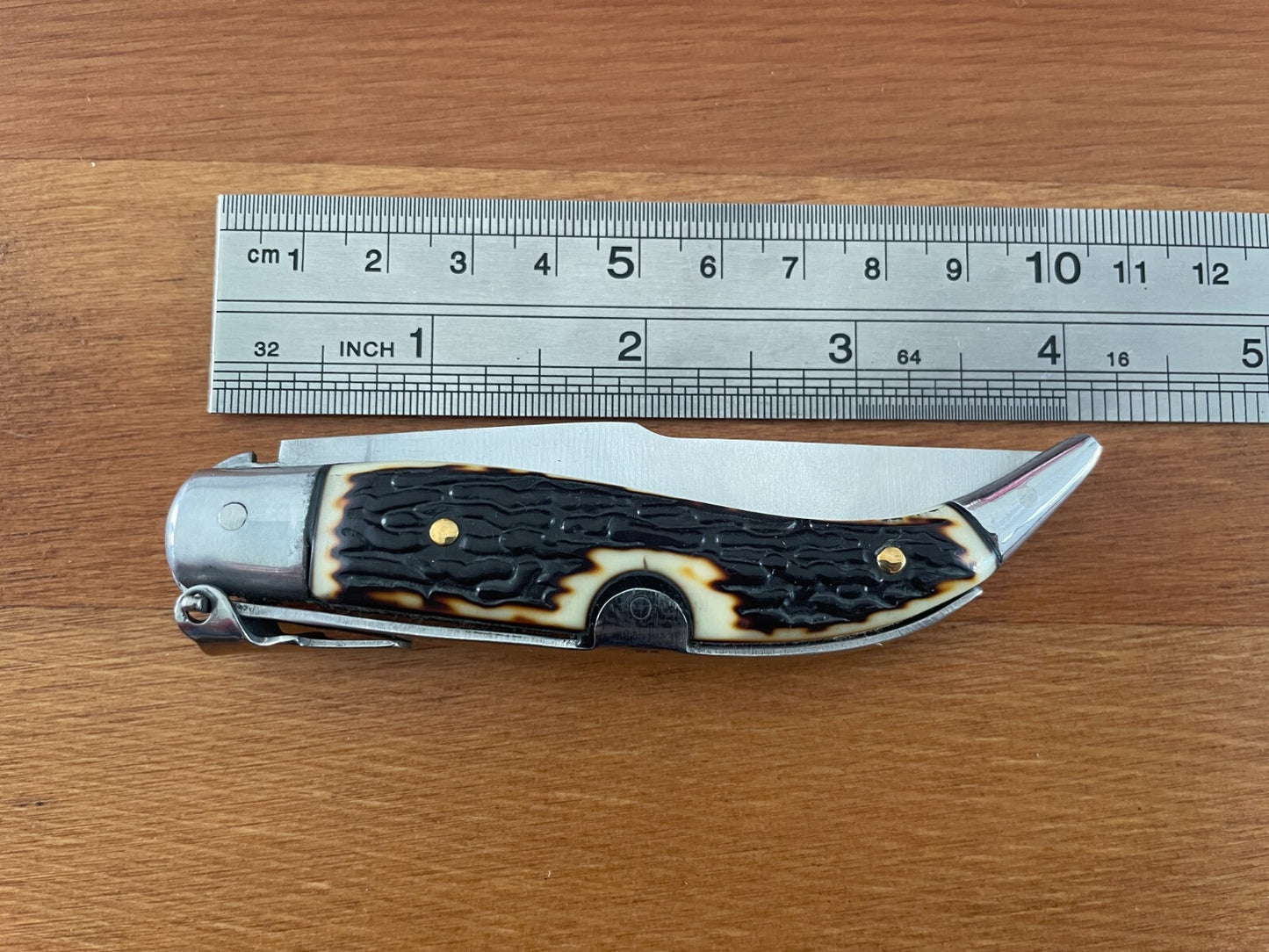 3.22" Carbon Steel Spanish Navaja Teja Deer Antler Imitation Scales Billet Lock
