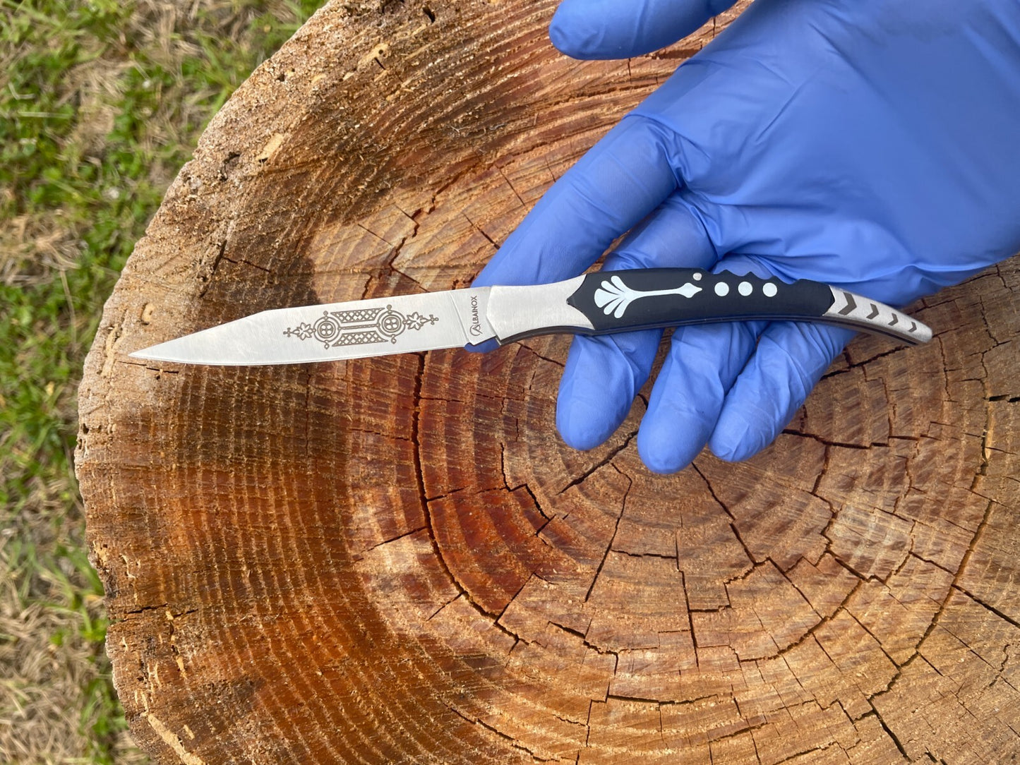 3.46" Spanish Navaja Pocket Knife Laser Decorated Blade ABS/Black Handle