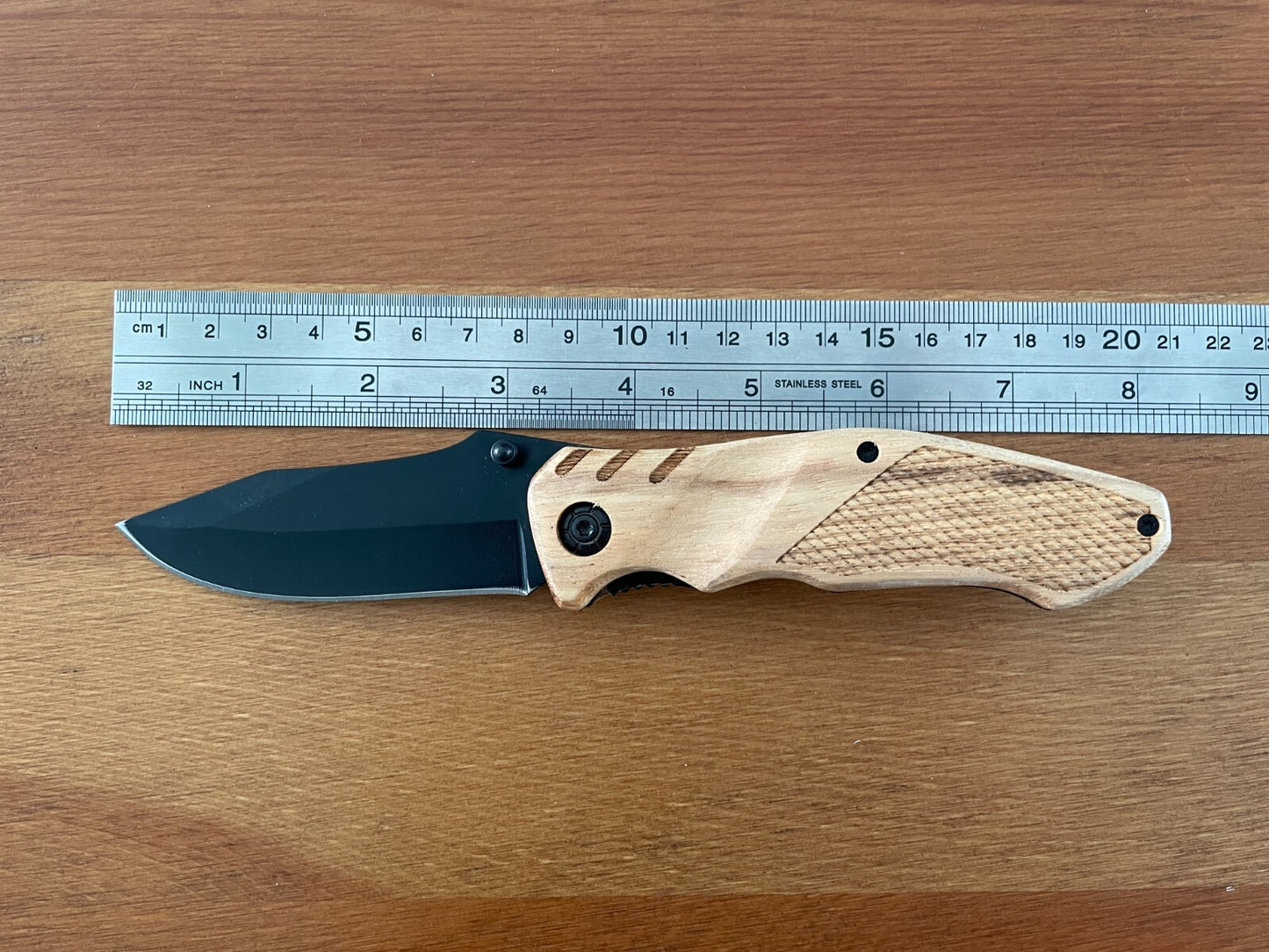 3.14" Black Stainless Steel Blade Tactical Knife Wooden Scales Pocket Clip