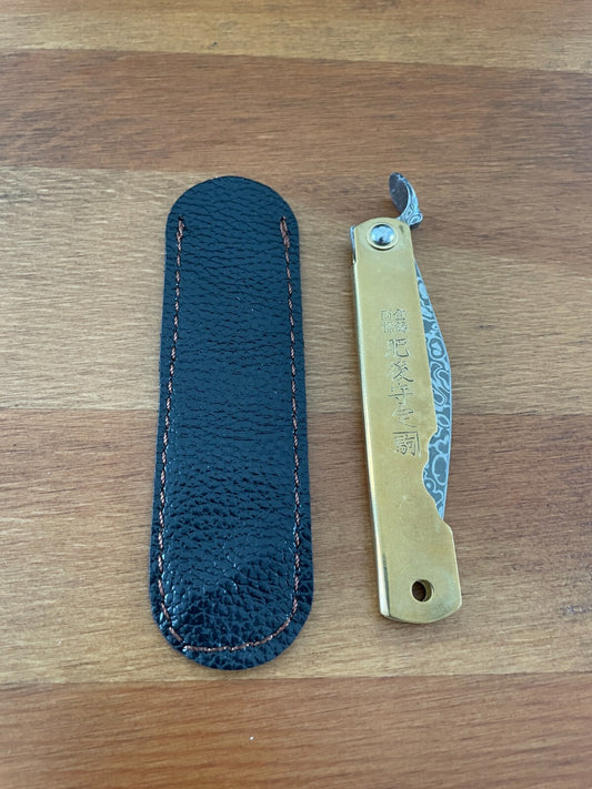 2.9" Navaja Higonokami Pocket Knife 79-layer Damascus Brass Handle with Sheath