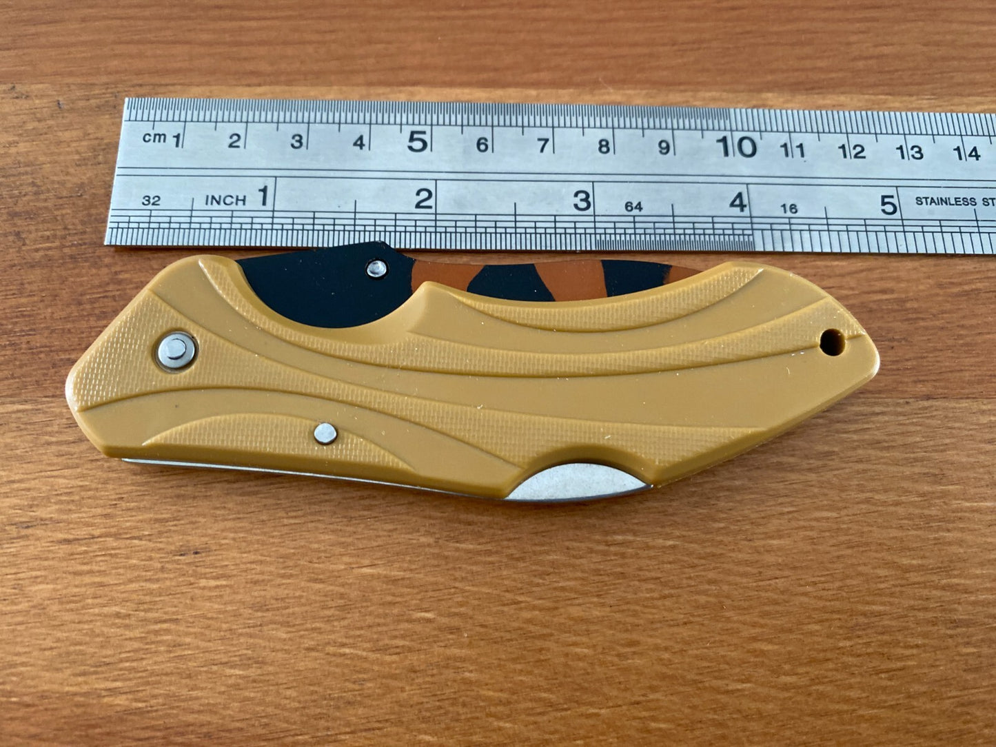 3" Stainless Blade Tactical Knife Black / Orange Blade Beige Plastic Handle