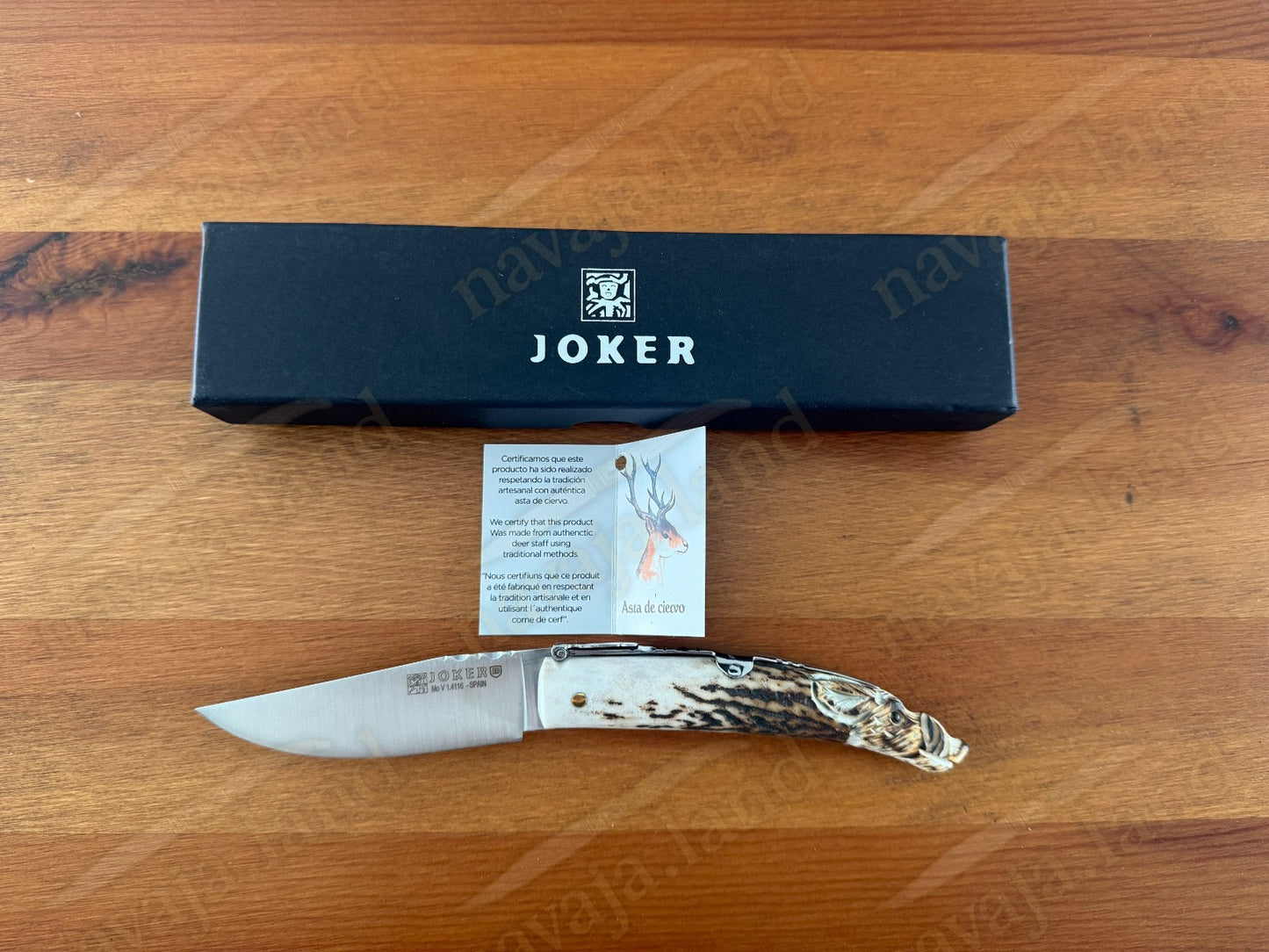 Joker Folding Knife w/ Hand Carved Wild Boar Motif Deer Antler 3.1" MOVA Steel