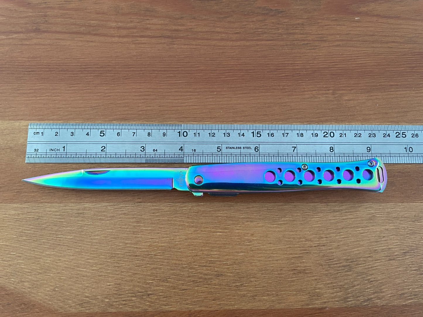 420 Steel Stiletto Folding Knife Aluminum Handle Plated Shiny Rainbow Titanium