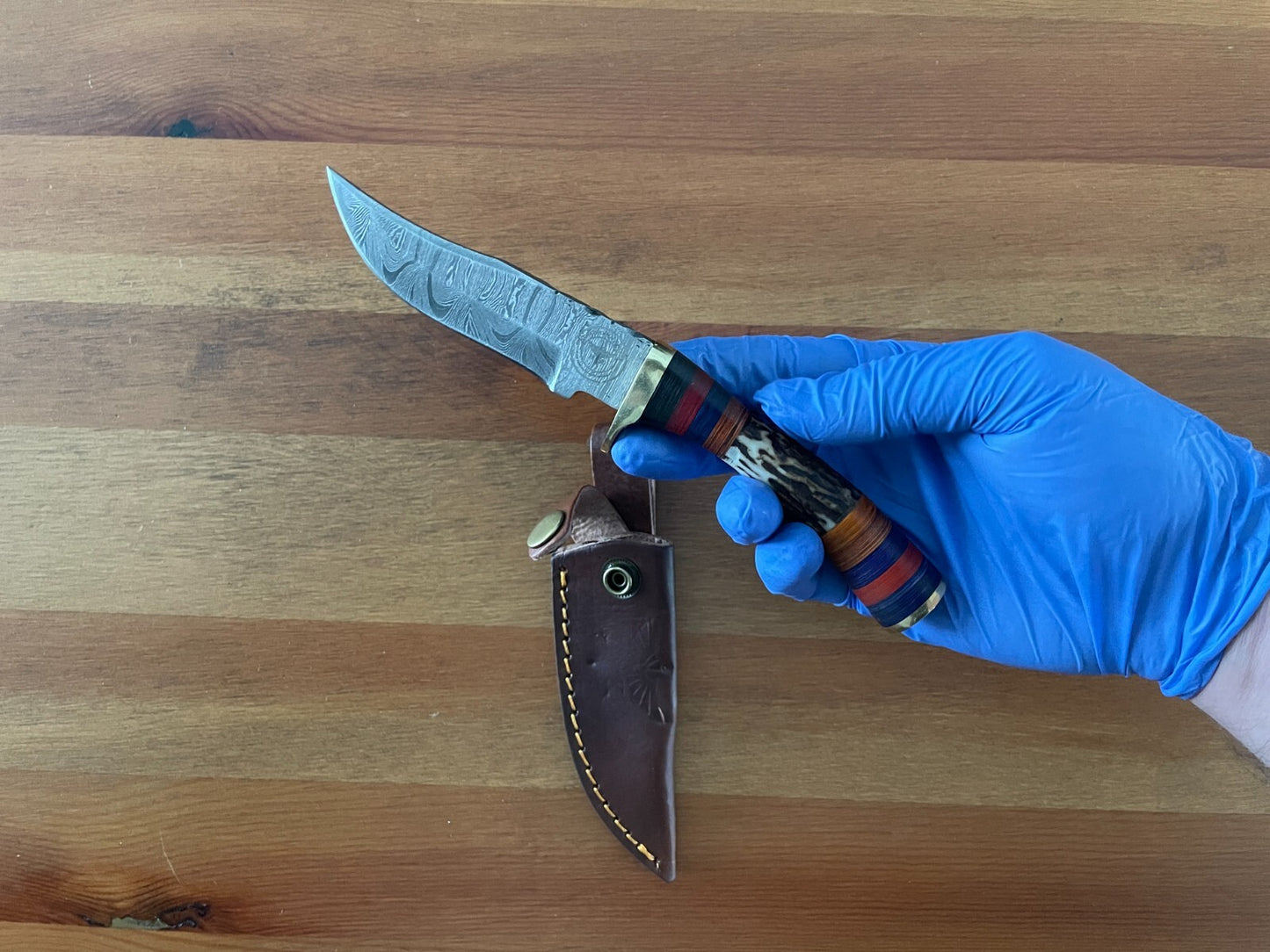 3.7 in. Handmade Damascus Steel Skinner Knife Leather Sheath Included