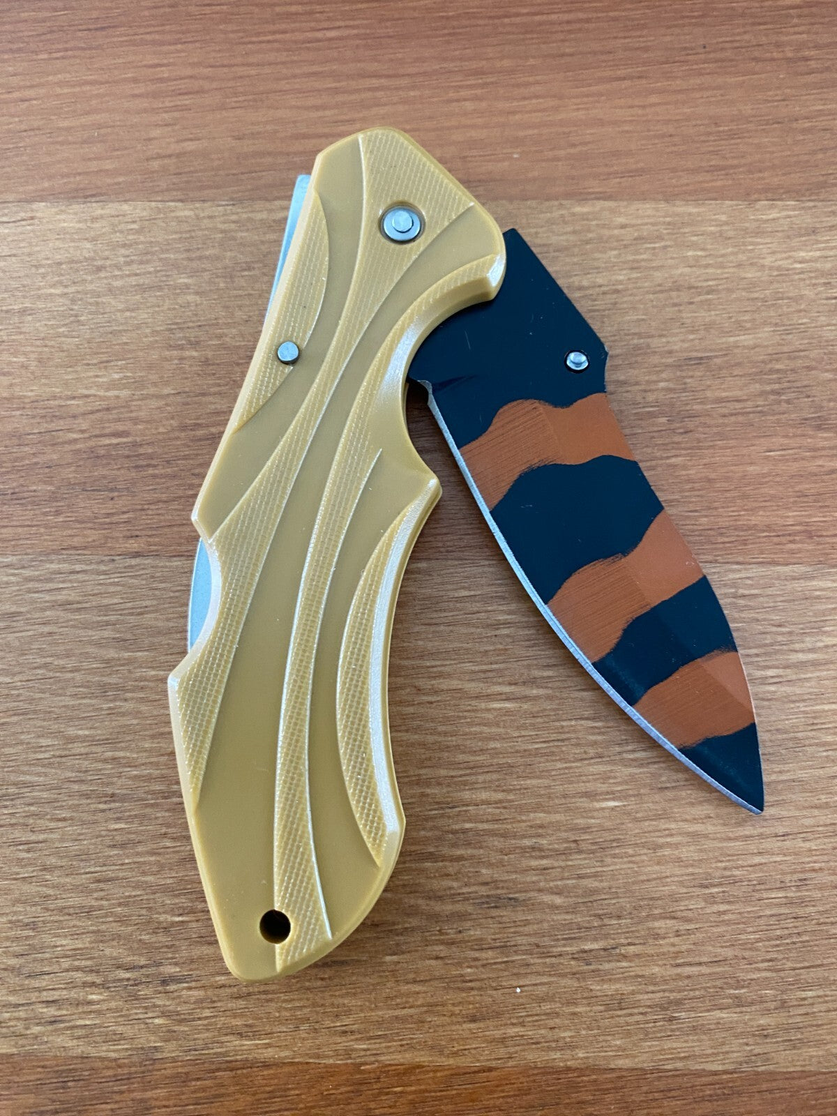 3" Stainless Blade Tactical Knife Black / Orange Blade Beige Plastic Handle