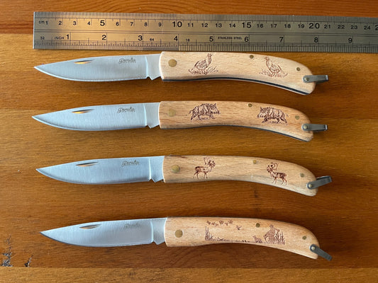 3.4" Set of 4 Spanish Navajas Wooden Handle Hunter Motif Folding Pocket Knife