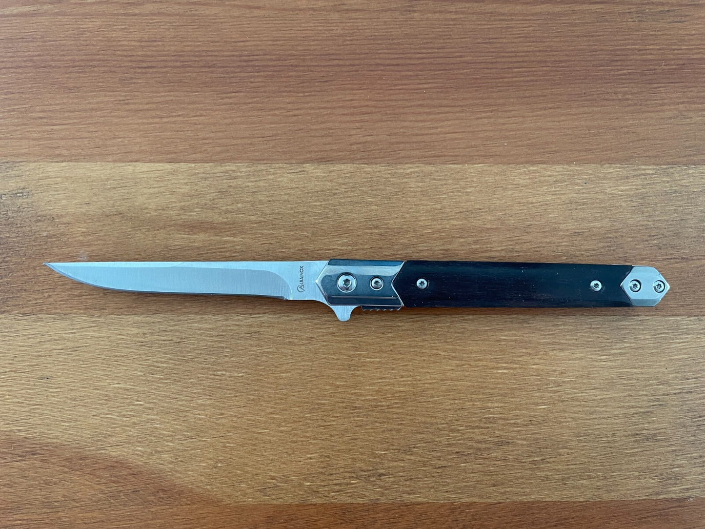 3.6" Stainless Steel Folding Knife Black Wood Scales Assisted Opening and Sheath
