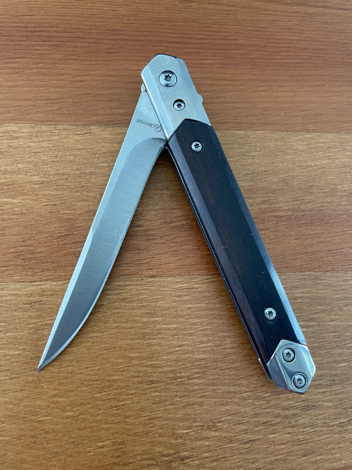 3.6" Stainless Steel Folding Knife Black Wood Scales Assisted Opening and Sheath