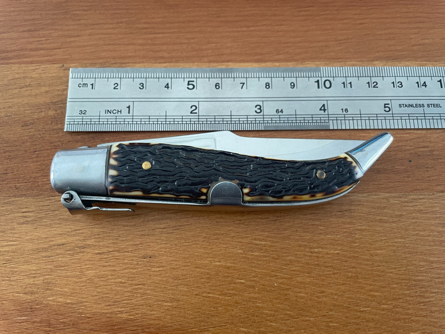 3.7" Spanish Navaja Teja Deer Antler Imitation Scales Billet Lock No Ratchet