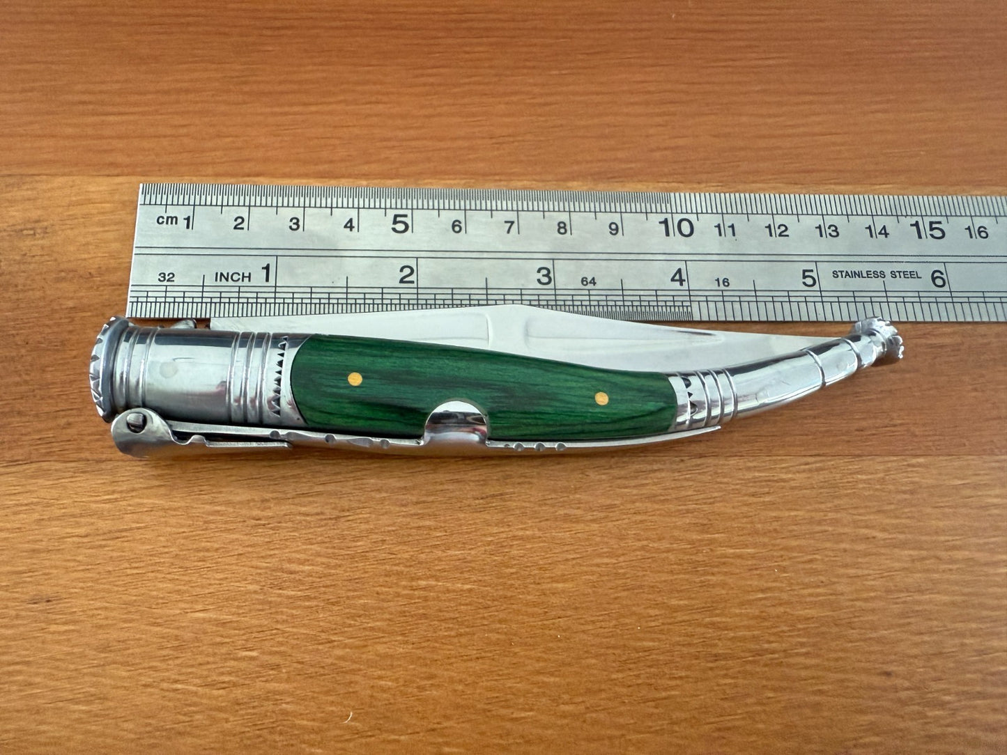 4.13” Spanish Navaja Serrana Ratchet Folding Knife Green Stamina Wood Scales