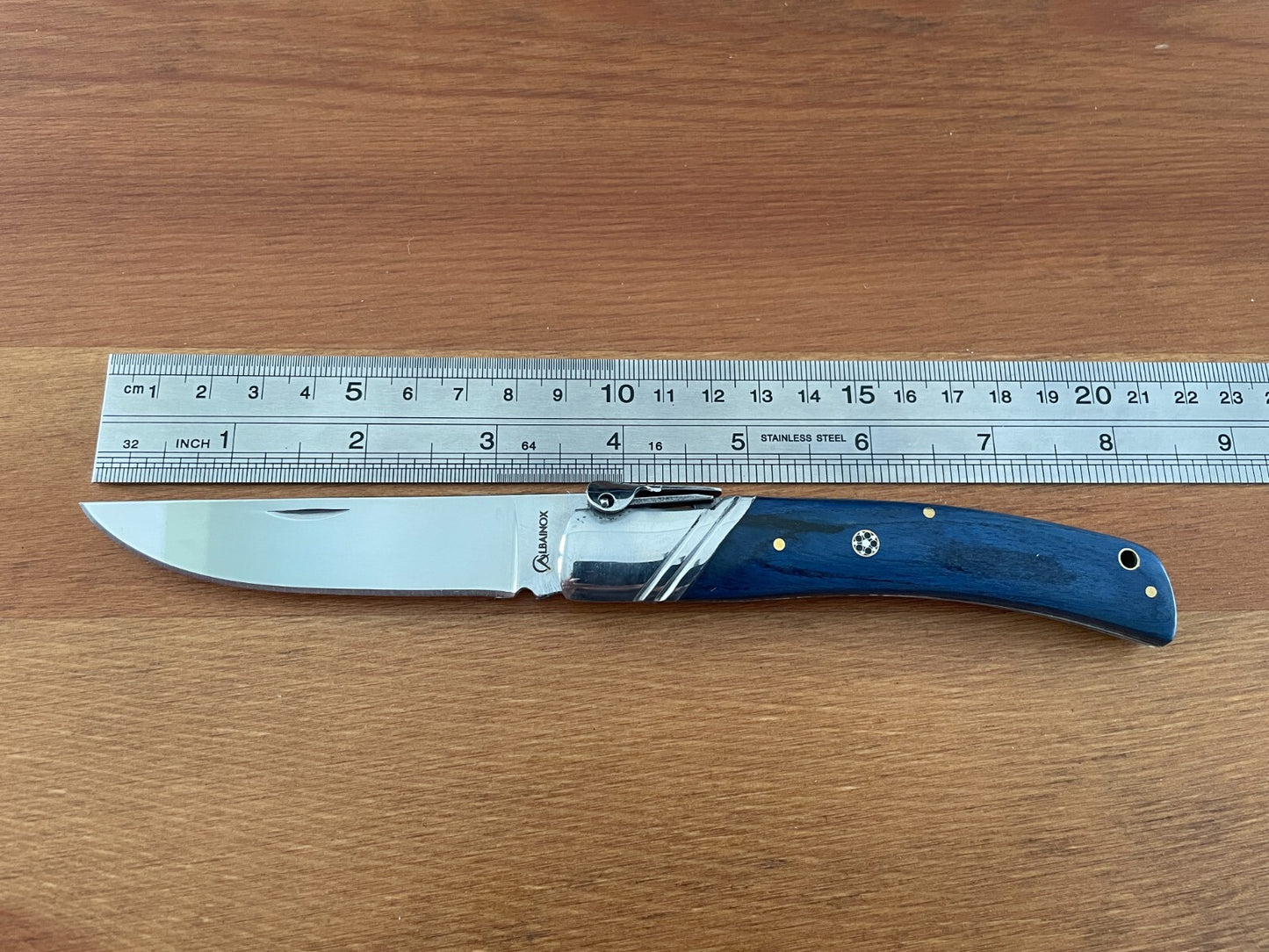 3.54" Spanish Navaja Pocket Knife Blue Wood Scales With Ratchet & Billet Lock