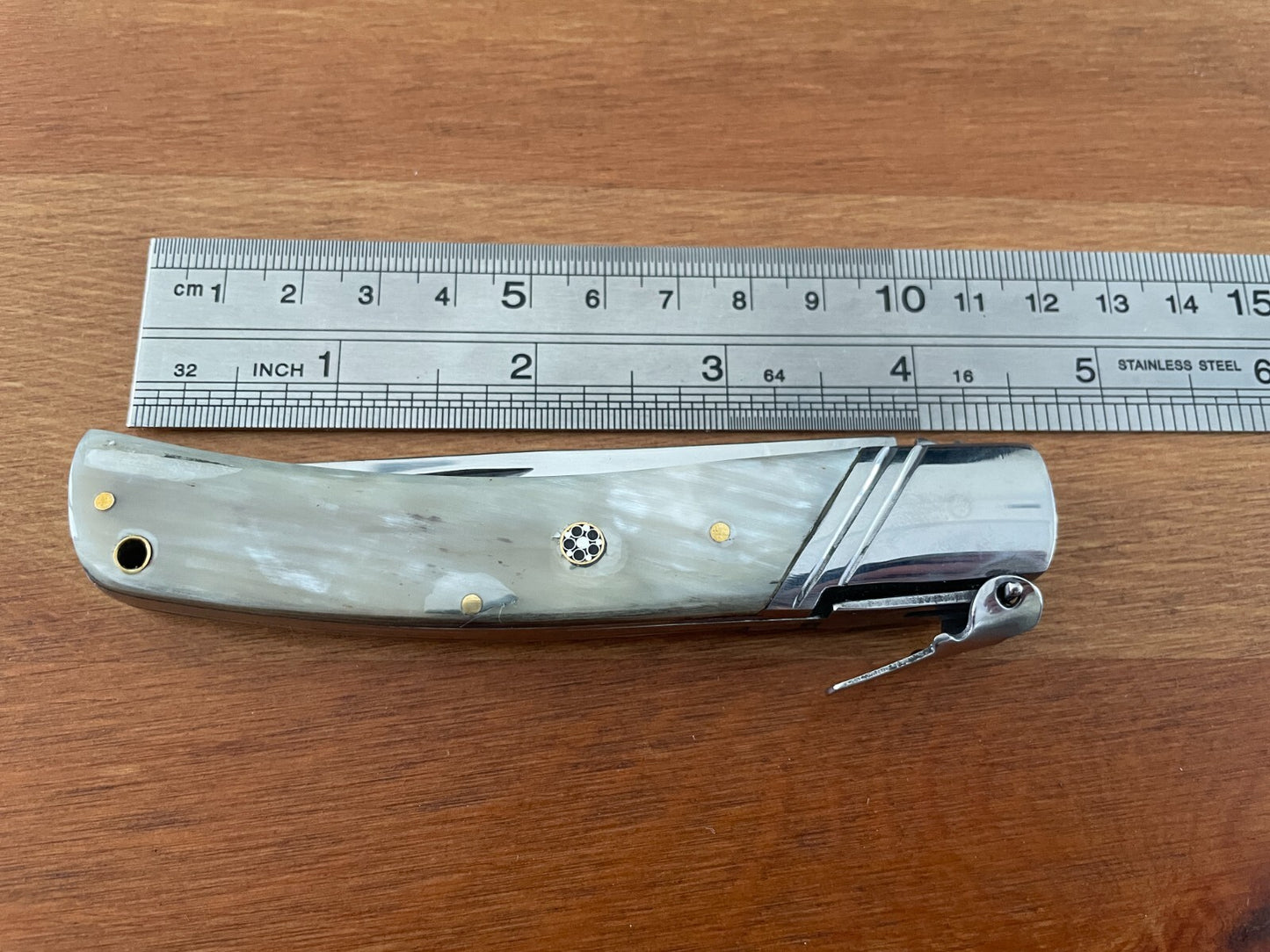 3.54" Spanish Navaja Pocket Knife Bull Horn Scales With Ratchet & Billet Lock