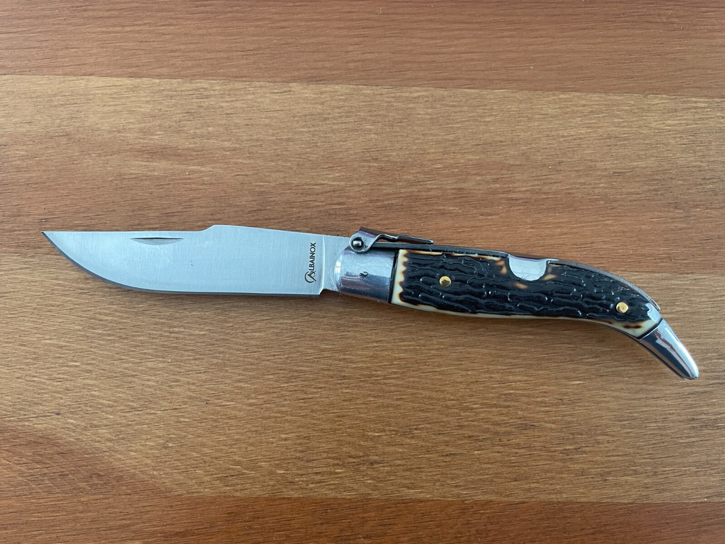3.22" Carbon Steel Spanish Navaja Teja Deer Antler Imitation Scales Billet Lock