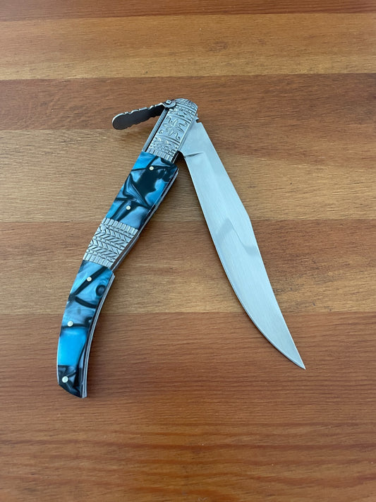 5.9" Arabian Style Navaja with Ratchet Pocket Knife Blue Acrylic & Steel Handle