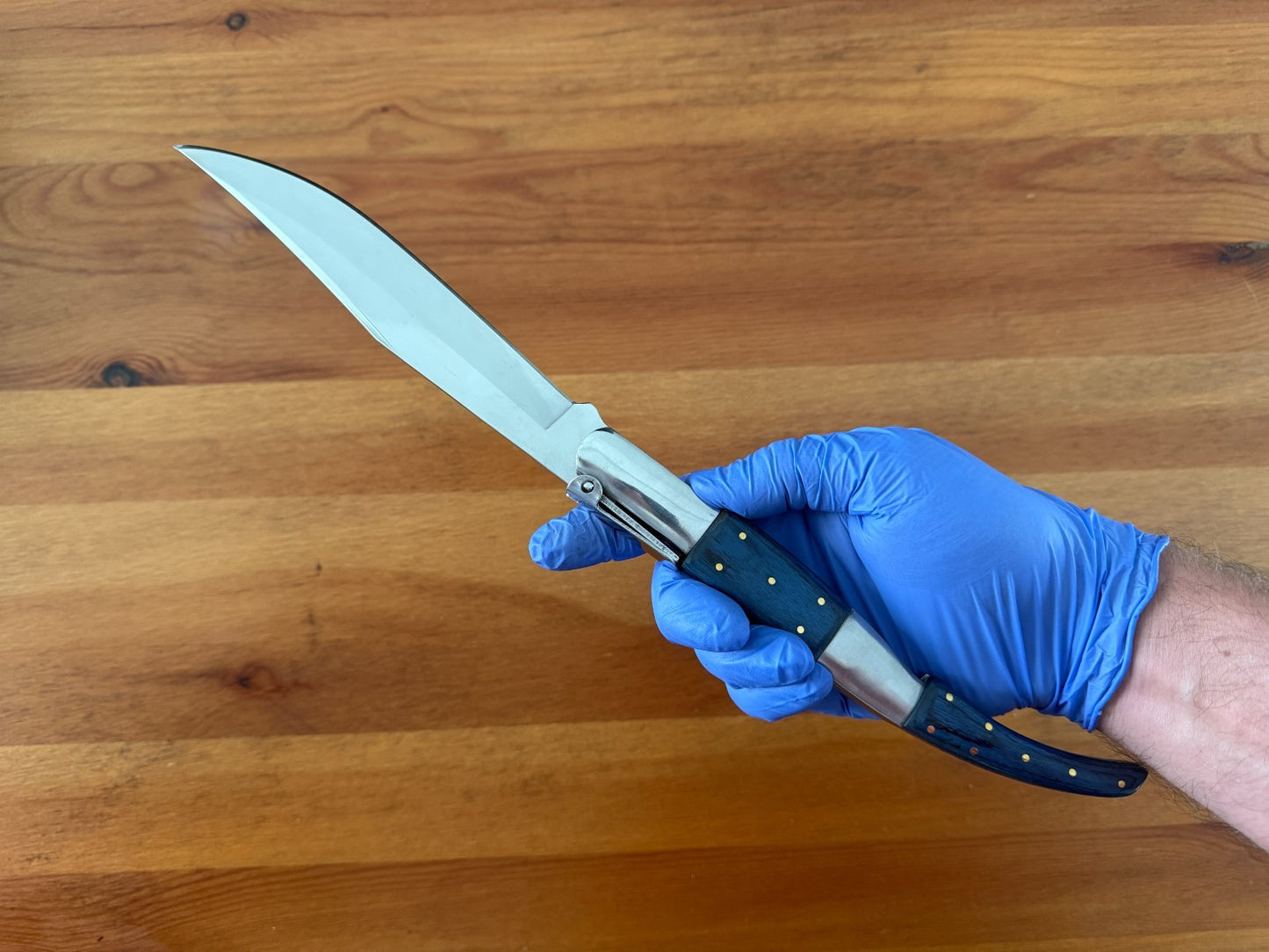 6.5" Long Blade Arabian Style Ratchet Navaja Folding Knife Blue Wood Scales