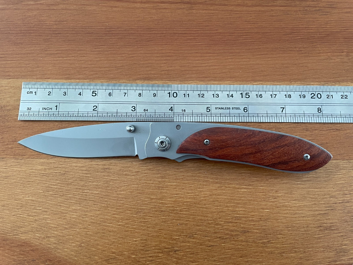 3.3" Stainless Steel Satin Blade Folding Knife Steel and Wood Handle Pocket Clip