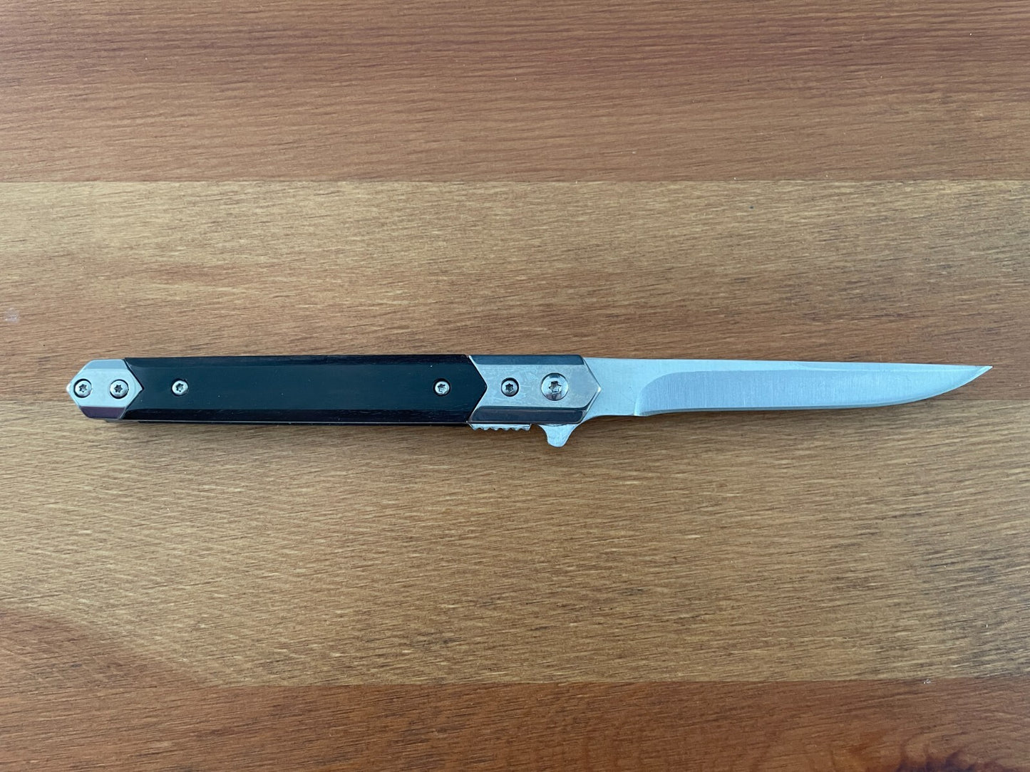 3.6" Stainless Steel Folding Knife Black Wood Scales Assisted Opening and Sheath