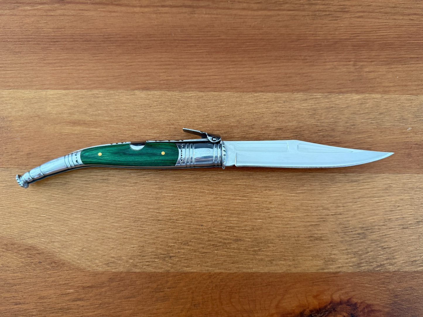 4.13” Spanish Navaja Serrana Ratchet Folding Knife Green Stamina Wood Scales